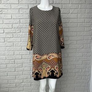 Freeway Women 3/4 Sleeve Paisley Border Print Shift Dress Size M